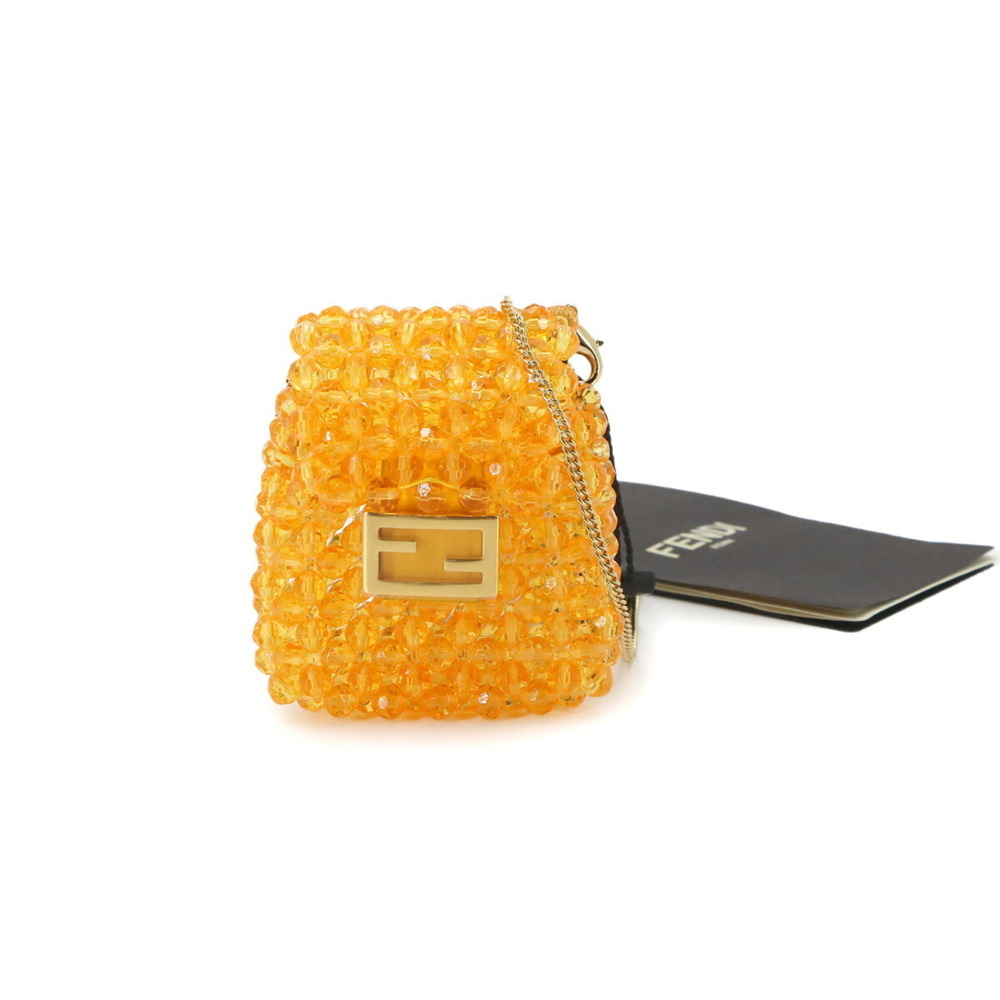 Fendi Pico Baguette Chain Shoulder Handbag Pouch Beaded Leather Orange 7AR845...